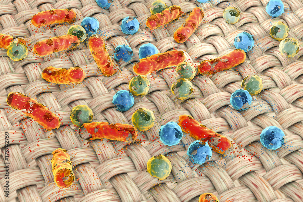 Destruction of microbes on the surface of fabric, 3D illustration. Concept for using detergents and antiseptics