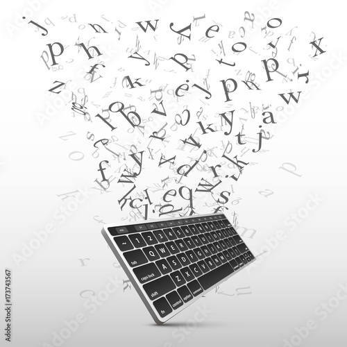 Key board with flying letters sign. Vector Illustration