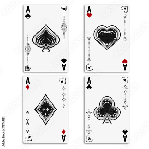 Set four aces for playing poker and casino. Ace of spades, diamonds, hearts and clubs. Four aces playing deck of cards. Vector illustration.