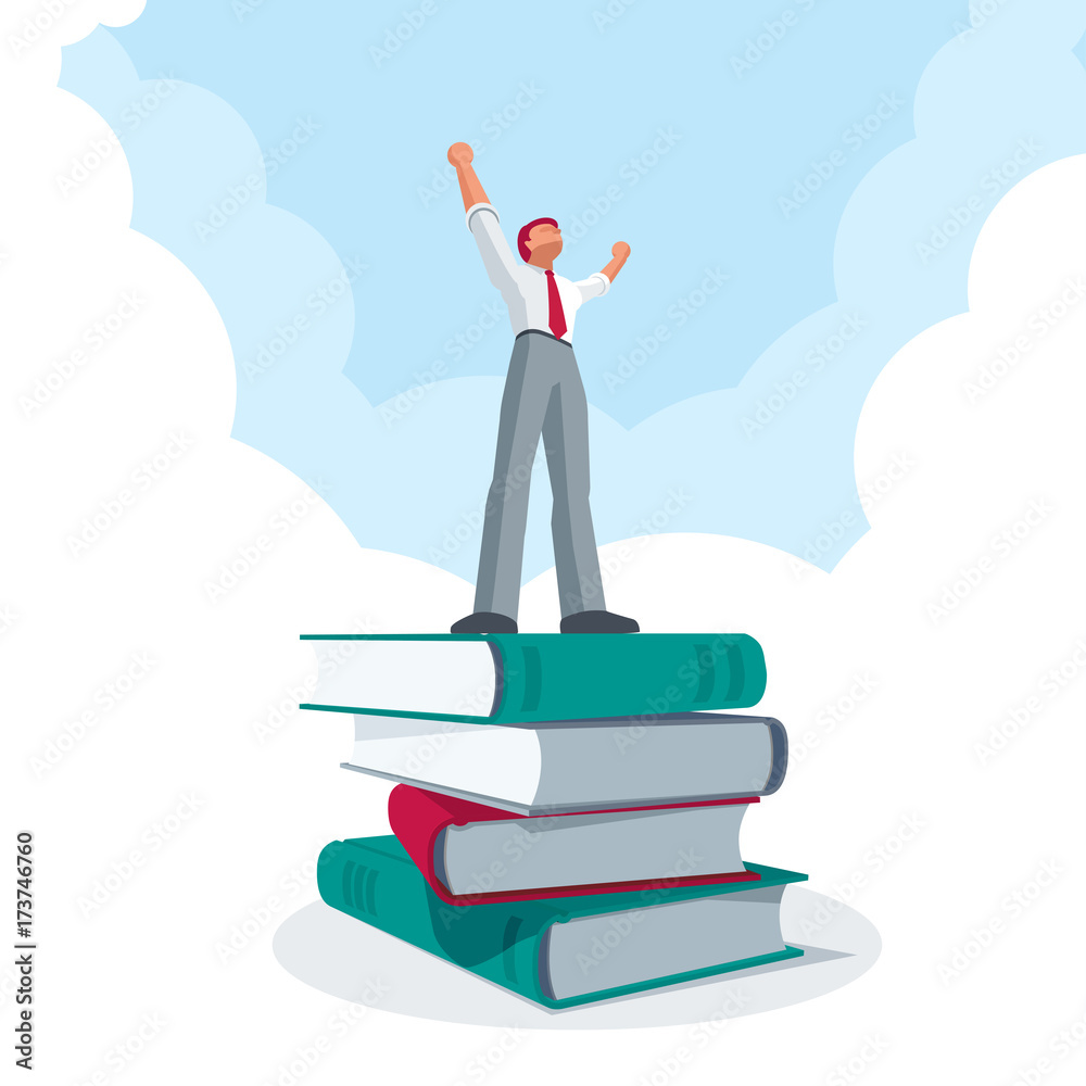 Successful businessman standing on big book stack Successful businessman standing on big book stack