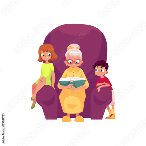 vector flat cartoon small boy, girl kids listening to grandmother reading book, sitting at chair. Isolated illustration on a white background. Grandparents and children relationship concept