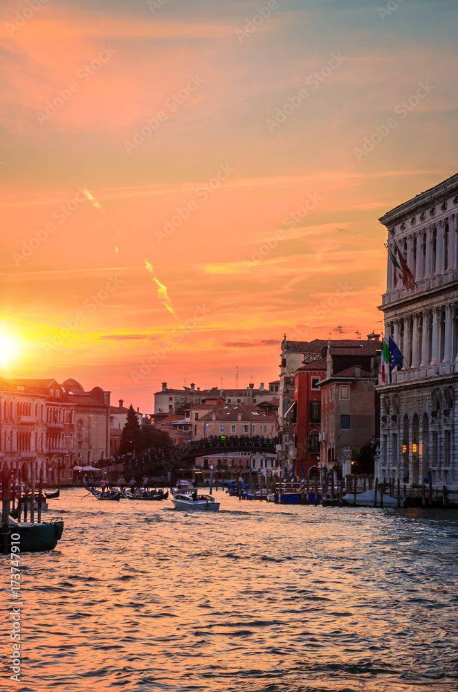 Panoramic sunset view of famous Grand Canal in Venice, Italy