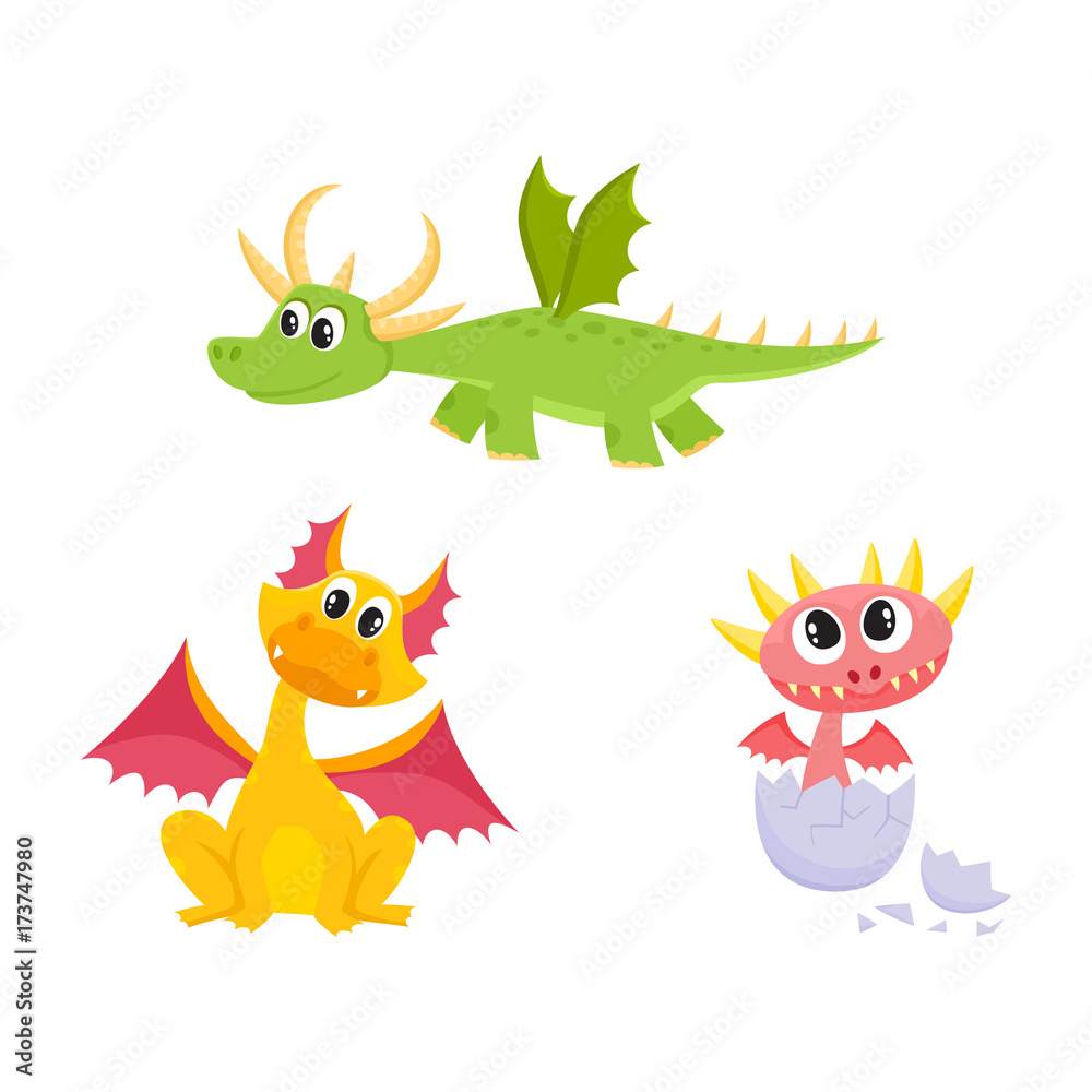 vector flat cartoon funny teen green flying, and yellow sitting dragons  with horns and wings and baby hatching from egg cute fairy dragon  characters set. Isolated illustration on a white background. Stock