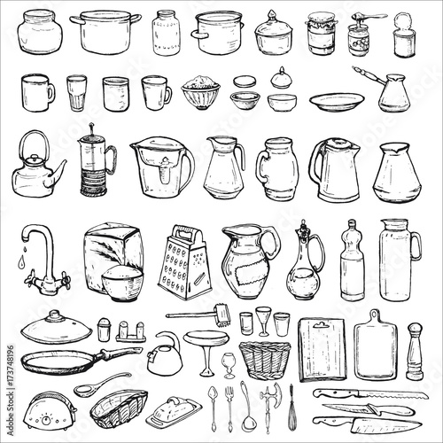 hand drawn vector set with kitchen utensils: teapot, brewer, bottle, oil, toaster, dripping pan, spoon
