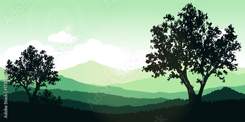 hand drawn vector lanscape with trees on first view and mountains. silhouettes of nature. use for background or invitation or card photo