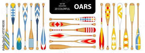 Set of isolated 20 cute colorful oars in red, blue, yellow tone. photo