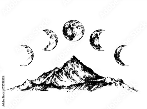hand drawn vintage vector logo with mountains and lune