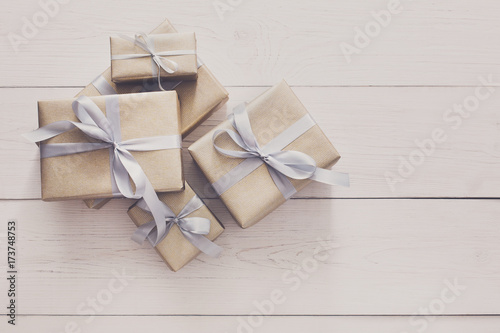 Top view of present boxes on white with copy space