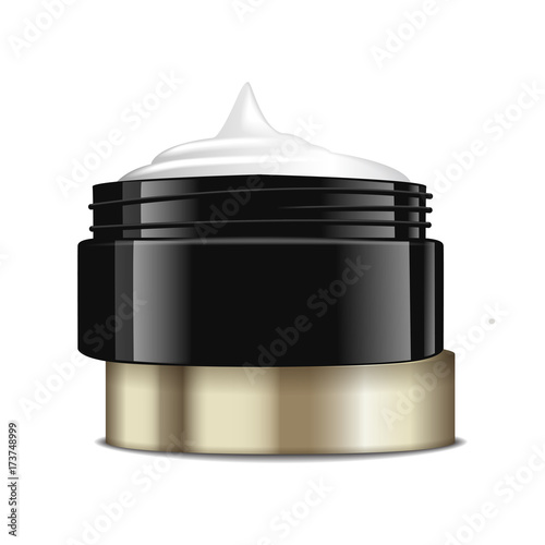 Round black plastic jar with gold cap for cosmetics. Open container. Vector mockup template