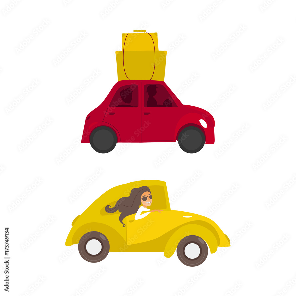 vector flat cartoon yellow car , beautiful girl in sunglasses driving, red  car with bags at its