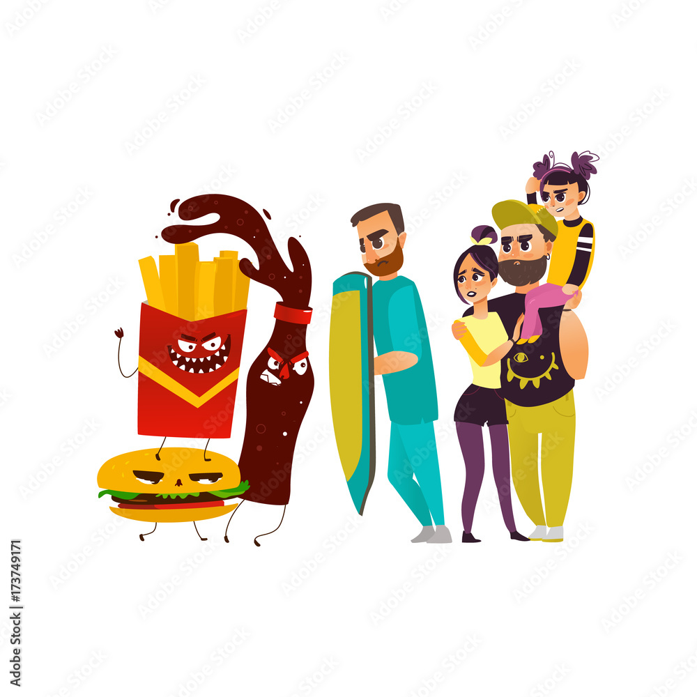 vector flat cartoon male doctor holding shield protecting patients family  from mental illness - obesity, fighting with angry fastfood. Isolated  illustration on a white background Stock Vector | Adobe Stock
