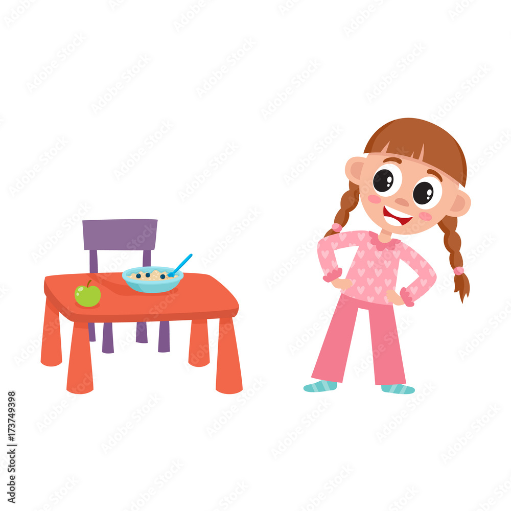 vector flat cartoon girl kid are going to eat apple and porridge from baby  table, standing near it smiling. isolated illustration on a white  background. Daily routine concept Stock Vector | Adobe