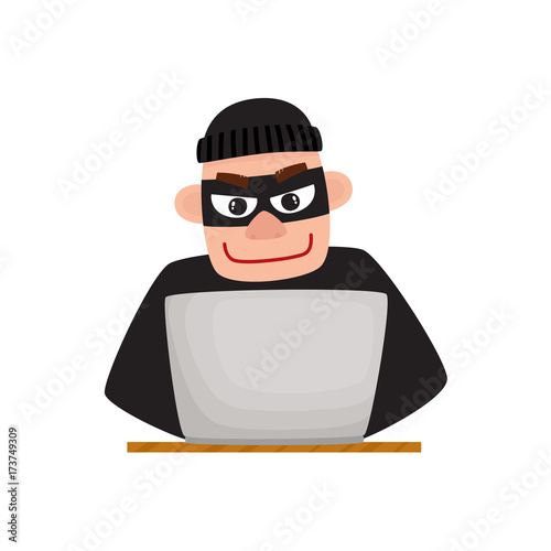 Hacker in black mask using laptop for computer attack, cartoon vector illustration isolated on white background. Computer hacker in disguise working on laptop, laughing