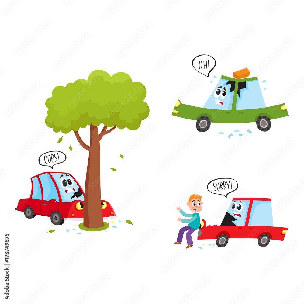vector flat car characters with face accident set. Vehicle crashed into the tree saying oops, car hit pedestrian saying sorry, brick fallen to auto's roof . Isolated illustration on a white background vector flat car characters with face accident set. Vehicle crashed into the tree saying oops, car hit pedestrian saying sorry, brick fallen to auto's roof . Isolated illustration on a white background