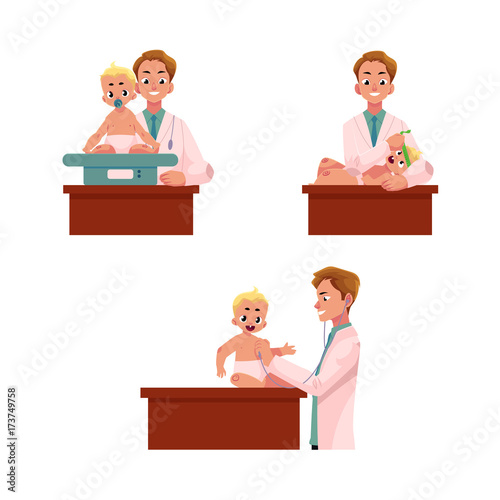 Set of man doctor, pediatrician checking baby, infant weight, heartbeat, head size, cartoon vector illustration isolated on white background. Doctor, pediatrician doing regular medical baby exam