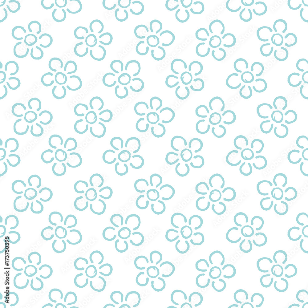 Retro Seamless Pattern Hand Drawn Big Flowers Turquoise