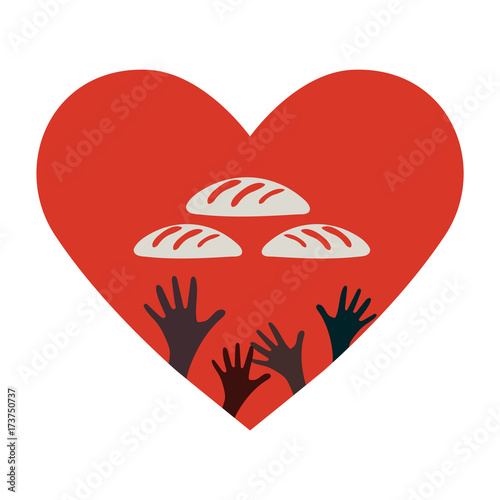 Stop Hunger, Malnutrition or Starvation vector illustration. Great as donation, relief or help icon for fight with famine and poverty in Yemen, Somalia or South Sudan. Heart, Hands and food.