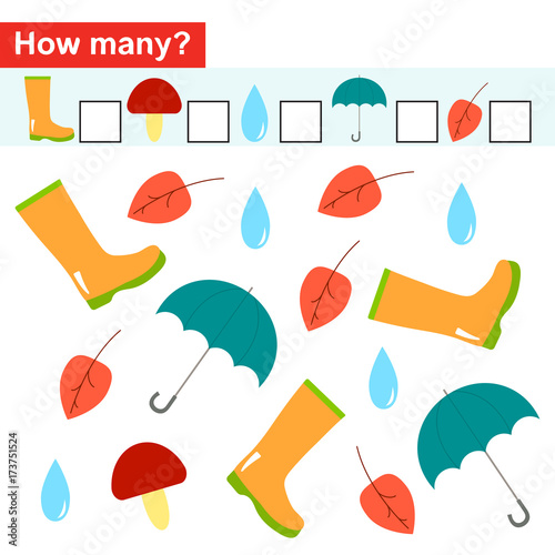 How many objects. Counting game for preschool children. Autumn theme. Vector illustration.