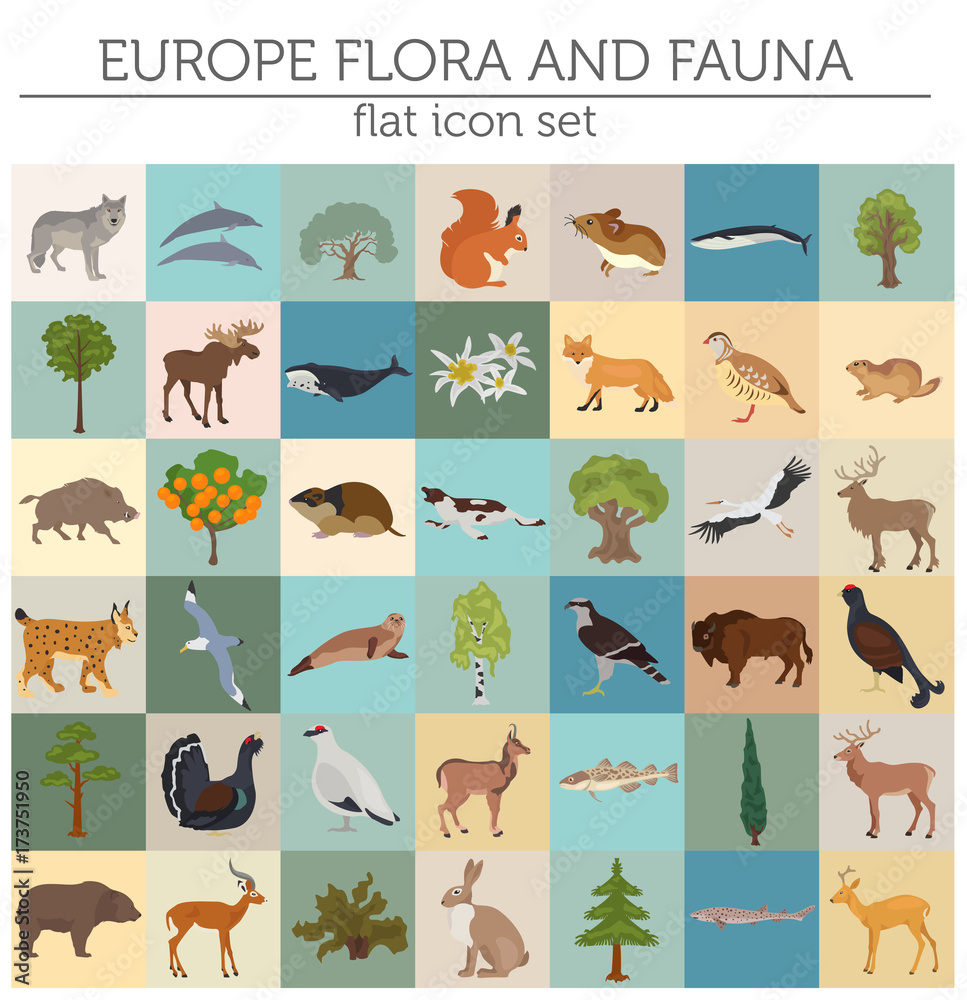 Flat European flora and fauna map constructor elements. Animals, birds and sea life isolated on white big set. Build your own geography infographics collection
