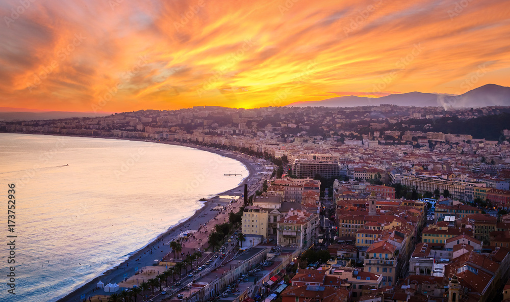 Sunset aerial view of Nice, Cote d'Azur, French Riviera, France