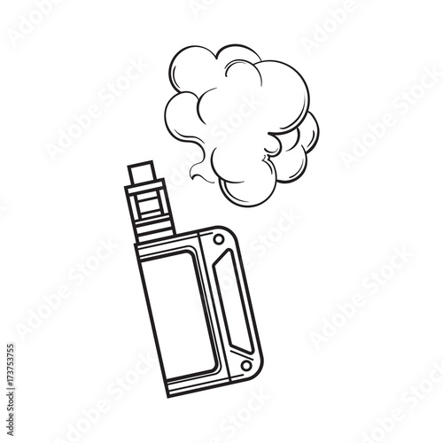 Hand drawn vape, vaping device with smoke cloud, black and white sketch vector illustration isolated on white background. Realistic hand drawing of vape, vaporizer device emitting smoke cloud