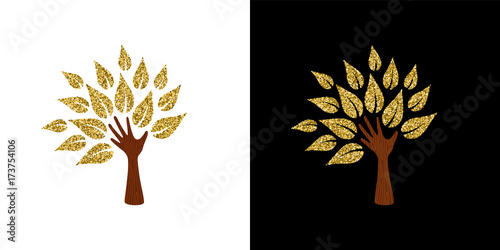 Gold glitter hand tree symbol for nature help