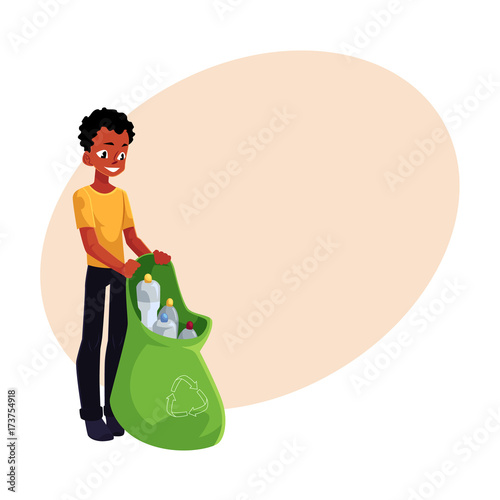 Black man holding bag of plastic bottles, garbage recycling, cartoon vector illustration with space for text. Black, African American man with bag of plastic bottles, garbage collection