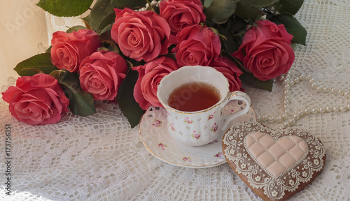 flower, cup, tea, rose, romantic, food, breakfast, dessert