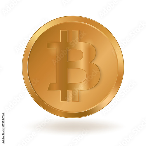 Golden coin of digital currency. Physical bitcoin isolated on white background. Stock vector illustration.