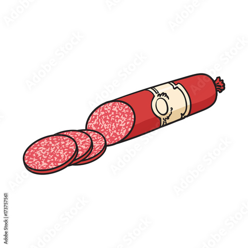 Smoked salami sausage, whole and sliced, sketch style vector illustration on white background. Realistic hand drawing of salami sausage stick and slices