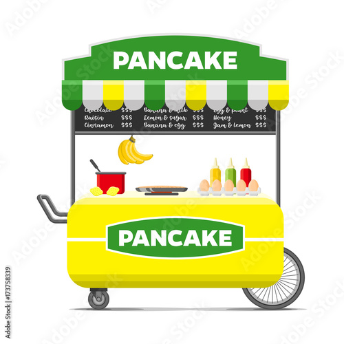 Pancake street food cart. Colorful vector illustration, cute style, isolated on white background