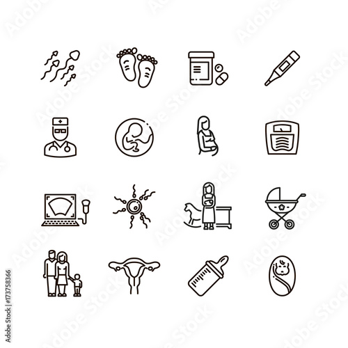 Pregnancy and newborn child line vector icons. Motherhood and infant baby pictograms