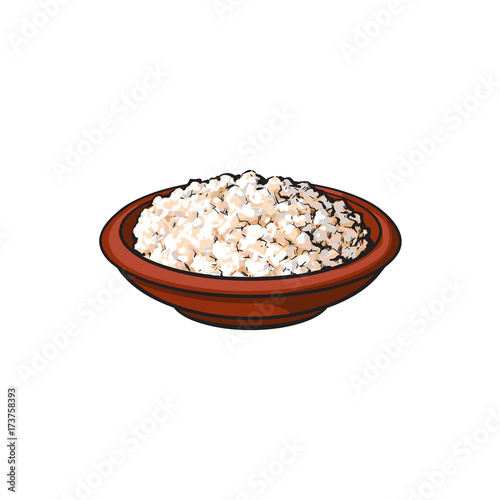 Vector sketch cartoon cottage cheese in ceramic brown pot or plate. Isolated illustration on a white background. Healthy food dairy products, natural dieting concept