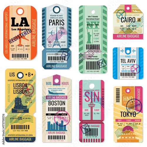 Retro travel luggage labels and baggage tickets with flight symbol vector collection