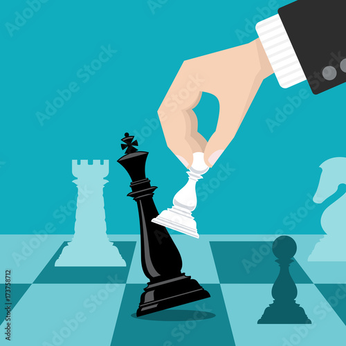 Business checkmate strategy vector concept with hand holding chess pawn knocking down king