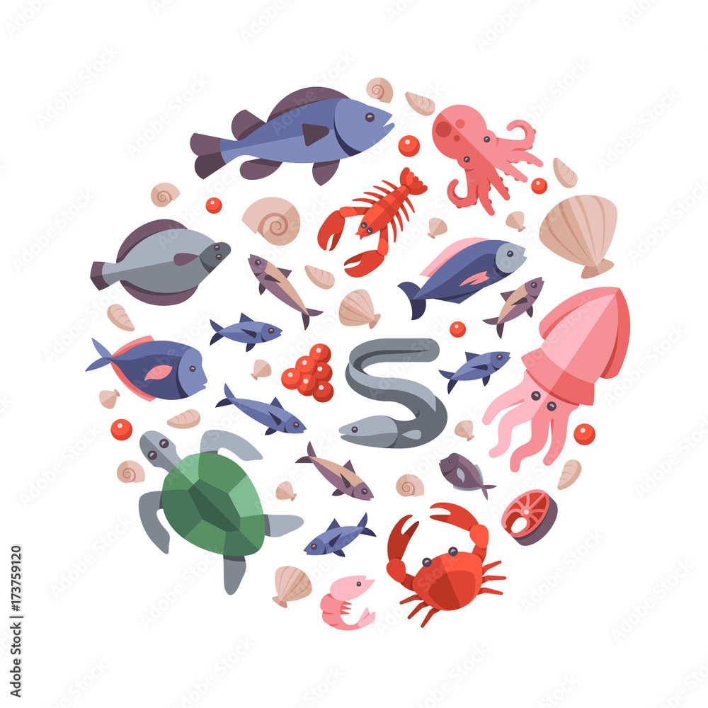 Ocean animals seafood and cooking fish flat icons