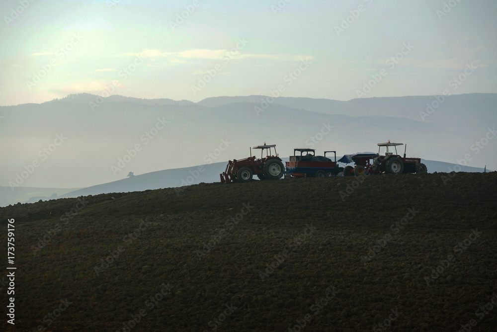 Fototapeta premium Farmer in tractor preparing land with seedbed cultivator