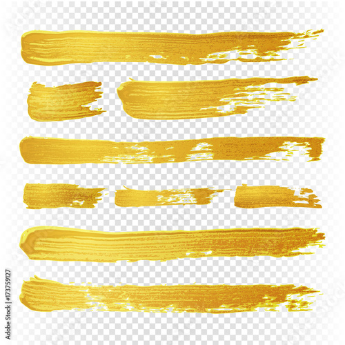 Gold yellow paint vector textured abstract brushes. Golden hand drawn brush strokes