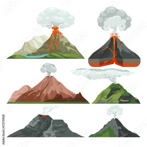 Fired up volcano mountains with magma and hot lava. Volcanic eruption with dust clouds vector set