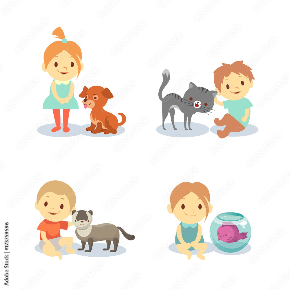 Kids and pets isolated on white background - boys and girls with animals