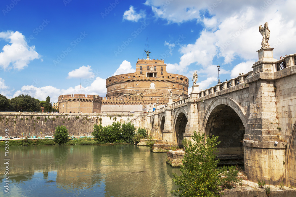 View of the Castel Sant'angelo or Mausoleum of Hadrian and Ponte Sant'angelo, Italy