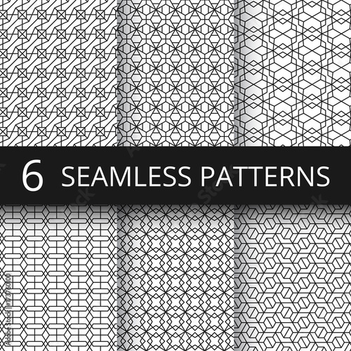 Monochrome line geometrical vector seamless patterns. Delicate simple wallpaper repeat texture set