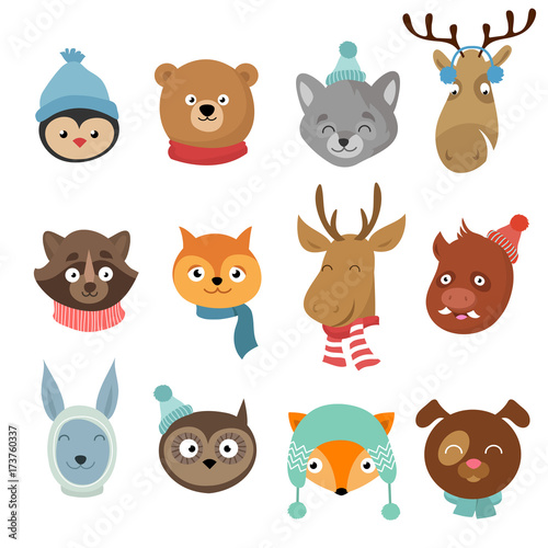 Fototapeta Naklejka Na Ścianę i Meble -  Winter xmas happy animals cartoon characters. Animals heads with neckerchief and hats vector set
