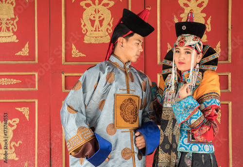 Mongolian couple in a traditional 13th century costume. Ulaanbaatar, Mongolia.