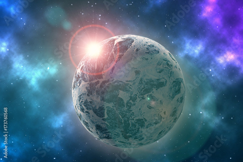 Fototapeta Naklejka Na Ścianę i Meble -  Planet and stars in a free space galaxy. Mixed media, digital imaging. Elements of this image furnished by NASA