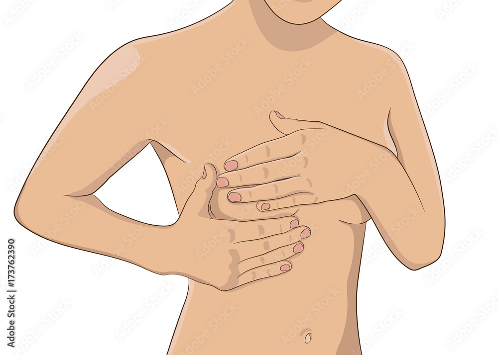 Woman performing monthly breast check, self exam, hands over breasts. Female  chest, part of torso. Breast tumor, cancer problem illustration. Realistic  style vector. Stock Vector