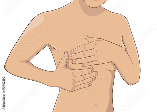 Woman performing monthly breast check, self exam, hands over breasts. Female chest, part of torso. Breast tumor, cancer problem illustration. Realistic style vector.