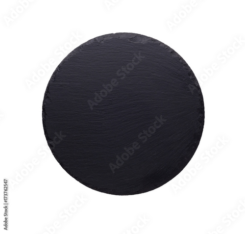 Empty rustic black slate stone plate isolated on white background