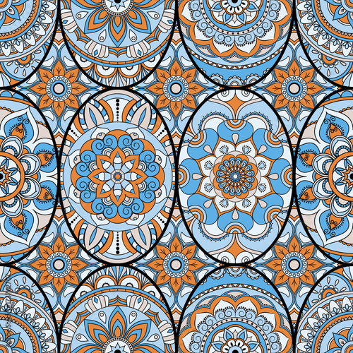 Seamless pattern tile with mandalas. Vintage decorative elements. Hand drawn background. Islam, Arabic, Indian, ottoman motifs. Perfect for printing on fabric or paper.