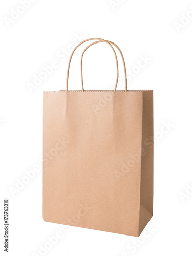 Brown paper shopping bag isolated on white background.